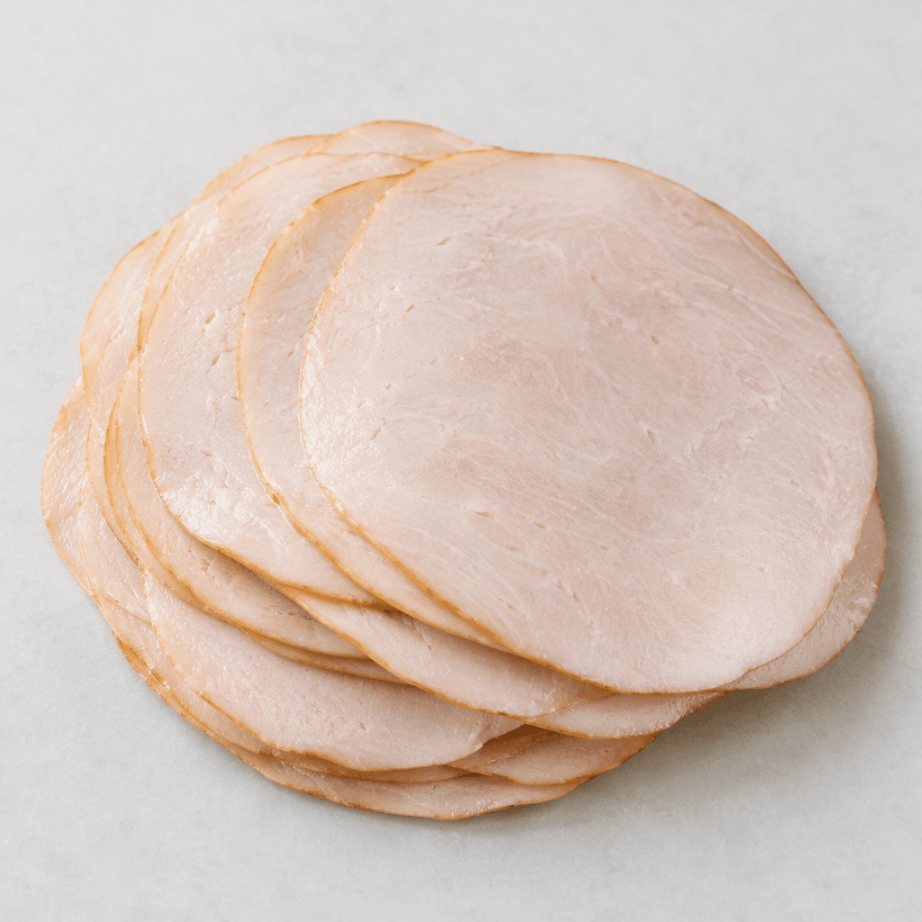 Thin, round to oval slices of processed turkey, pale pink-beige with a smooth, slightly moist surface, arranged in a loose overlapping stack.