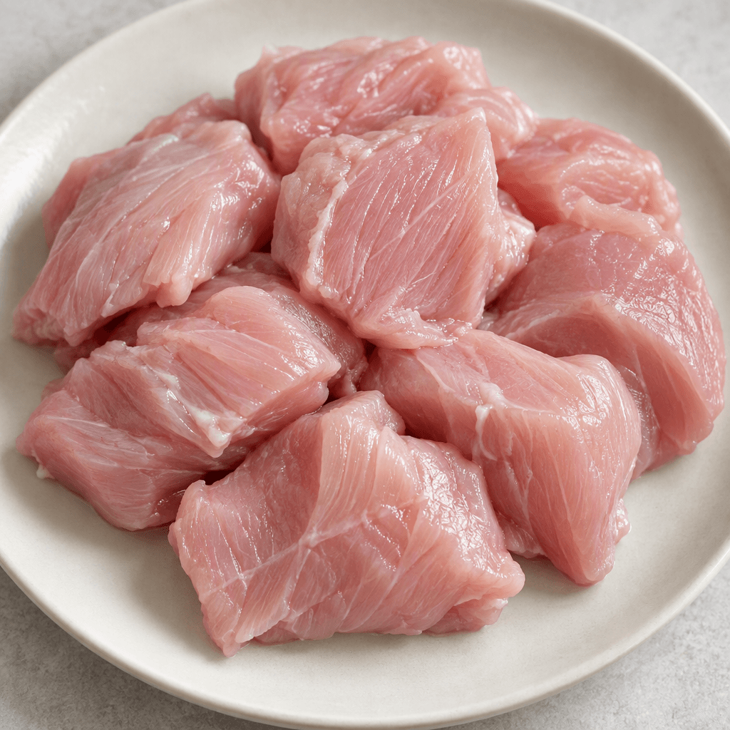 Pale pink, lean turkey meat with a fine, slightly fibrous texture, cut into irregular pieces and arranged on a plain plate.