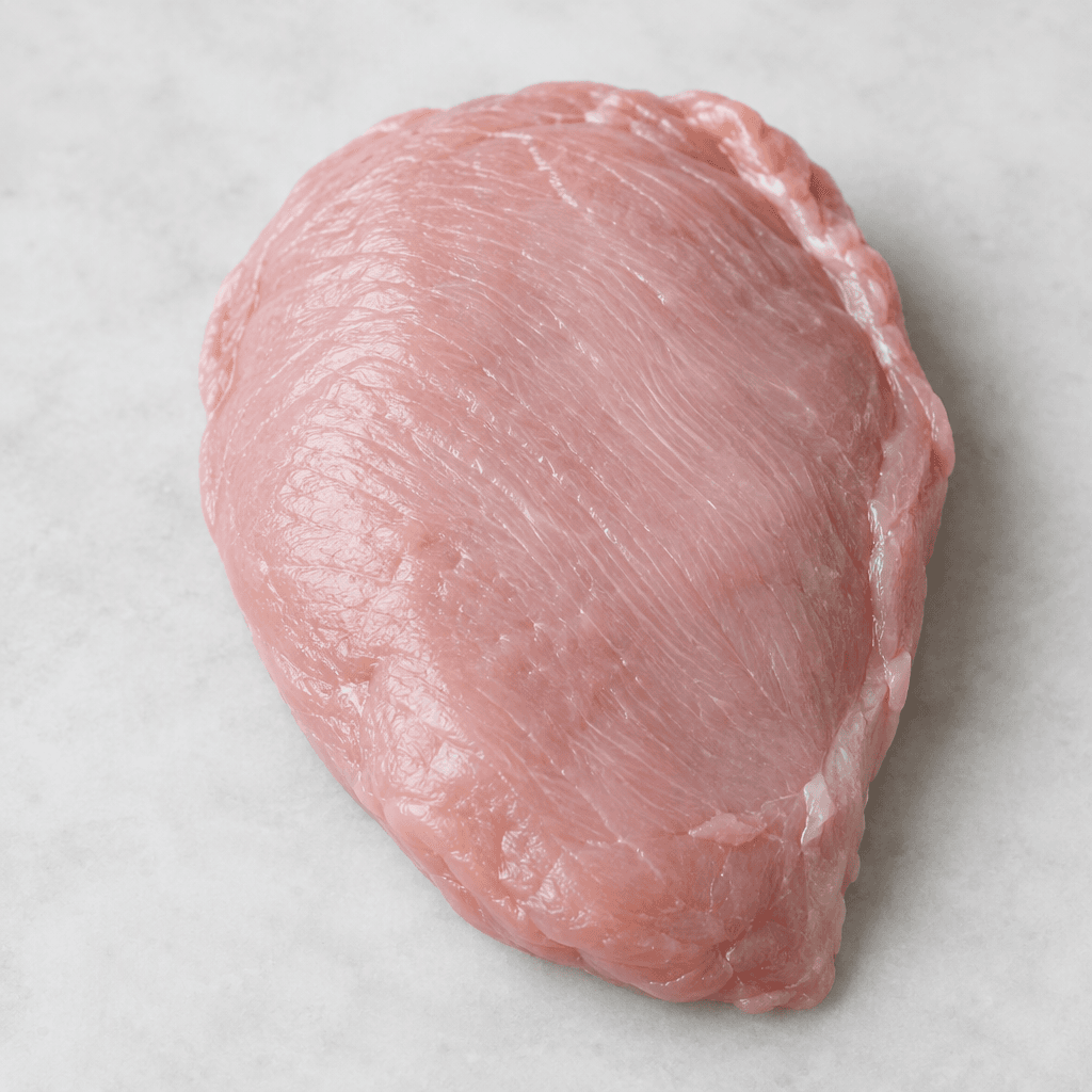 A boneless, skinless turkey fillet is a thick, lean, roughly oval piece of meat with smooth pale pink flesh, a fine grain, and slightly uneven edges.