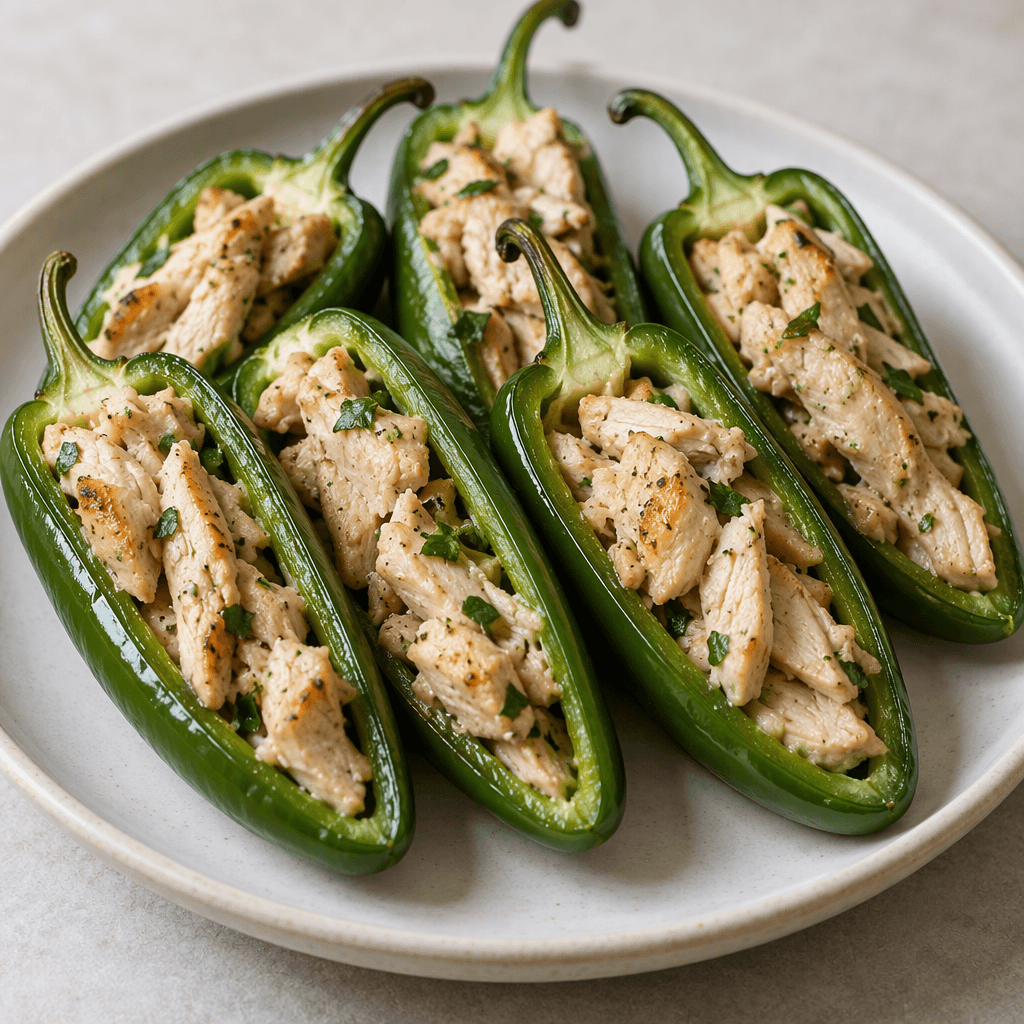 Slender, glossy green jalapeño peppers are split lengthwise and filled with pale beige pieces of turkey fillet, arranged together on a plate.