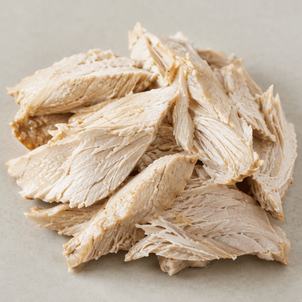 Pale beige turkey fillet lies in thick, irregular flakes with visible fine fibers and a light olive-oil sheen.