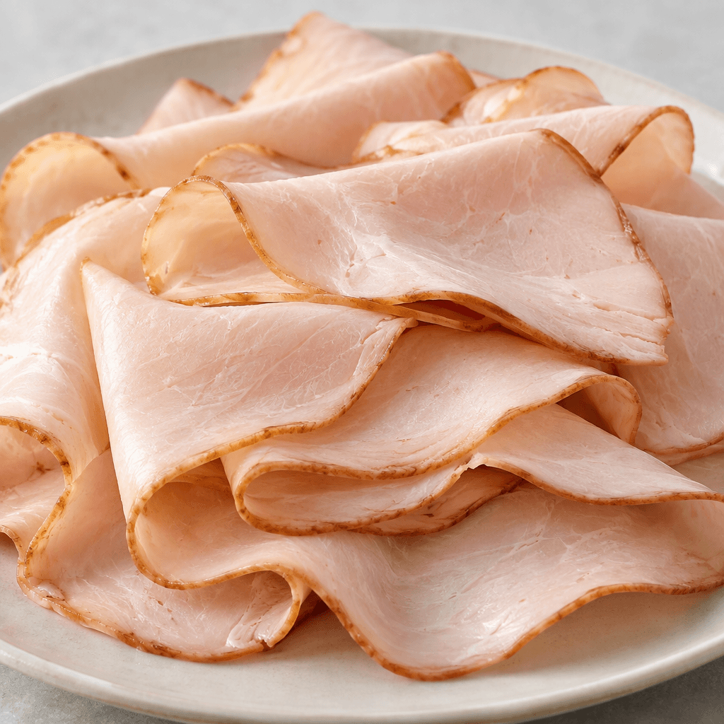 Thin, smooth slices of smoked turkey are pale pink with lightly browned edges, folded and overlapping on a plate.