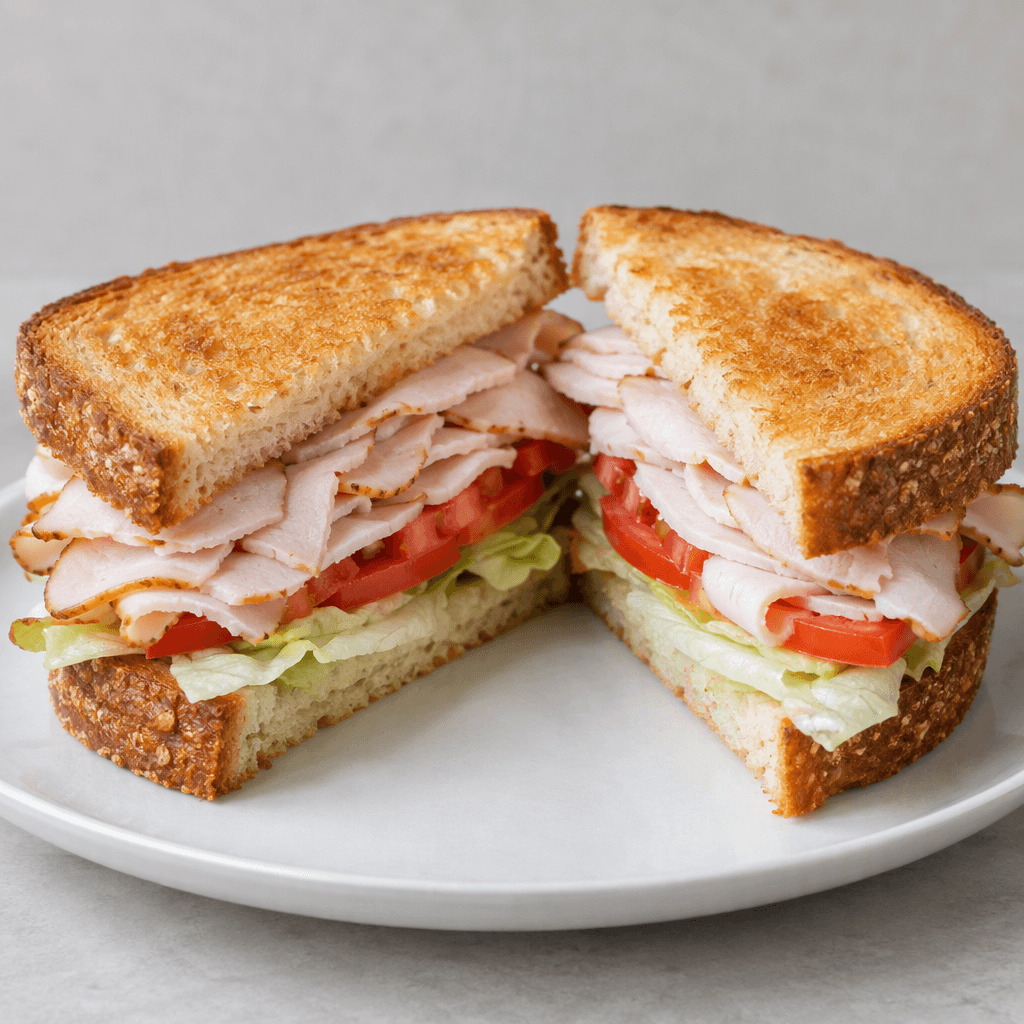 A sandwich made with two slices of golden-brown bread enclosing overlapping thin slices of pinkish smoked turkey, with pale lettuce and a few red tomato slices visible at the edges, cut in half and served on a plate.