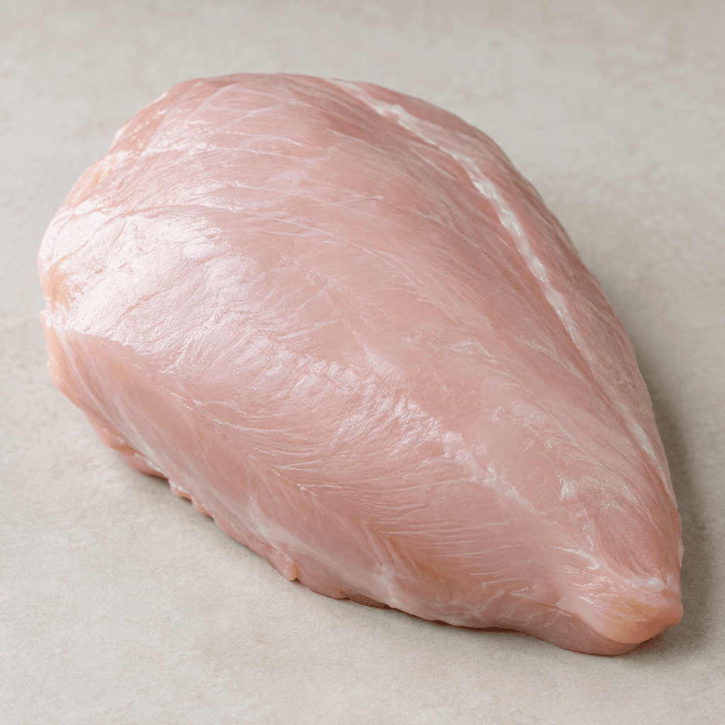 A large, boneless, skinless turkey breast cut with a smooth, firm surface, pale pink-white colour, and a thick, slightly tapered oval shape.
