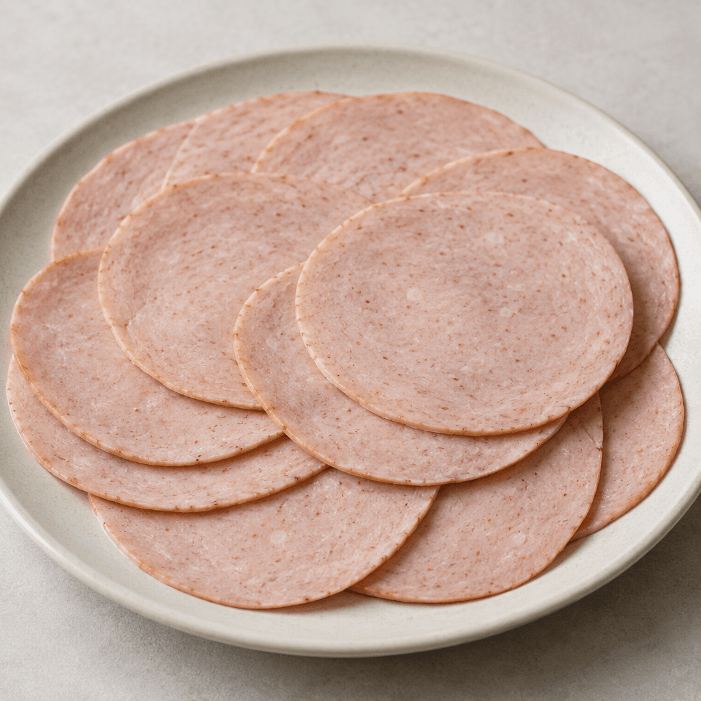 Thin, round slices of turkey salami with a pale pink-beige colour, finely speckled surface, smooth dense texture and a slight sheen, arranged in overlapping layers on a plate.