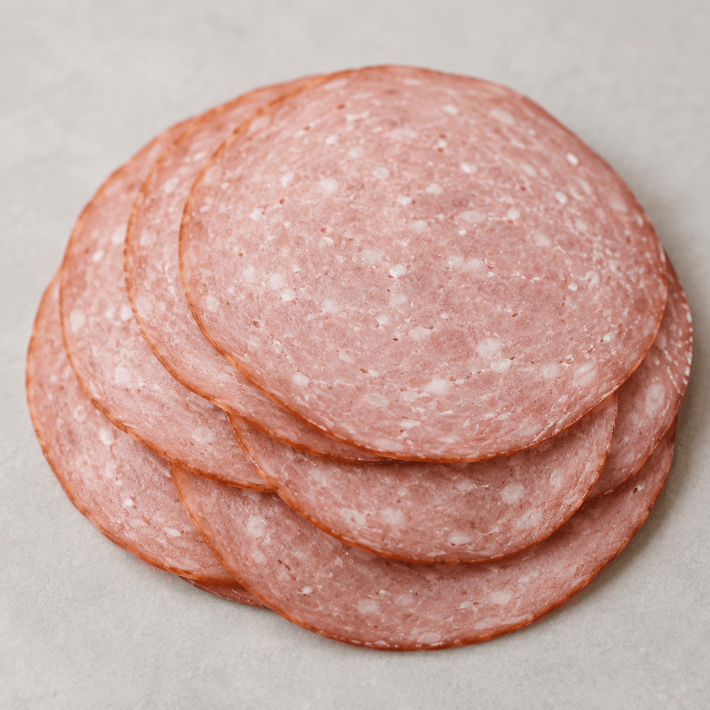 Thin, round slices of turkey salami overlap, showing a smooth, finely textured pale pink interior dotted with small white flecks and a slightly darker rim.