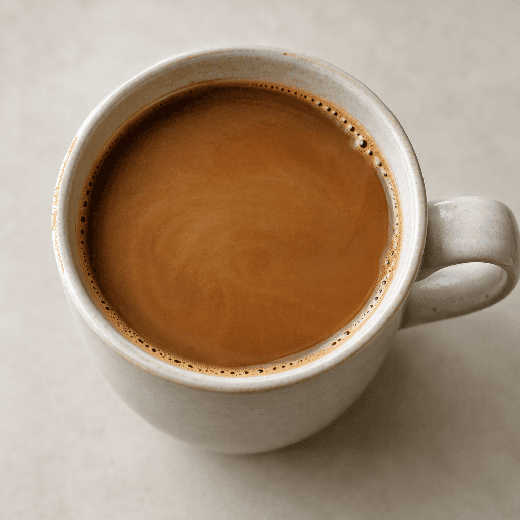A cup of deep brown chicory coffee with a small amount of milk, giving the surface a warm, muted brown colour.