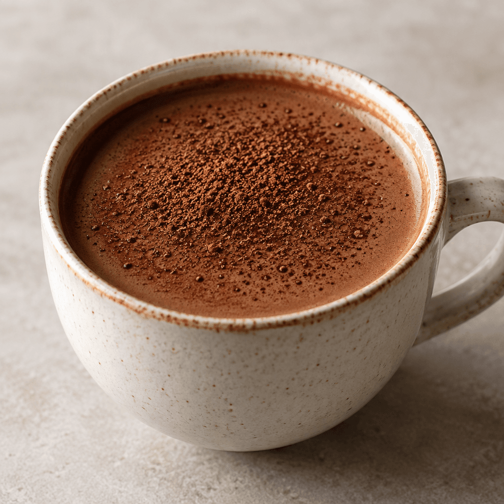 A dark brown, smooth chicory coffee with cocoa is served in a cup, with a fine layer of cocoa powder dusting its surface.