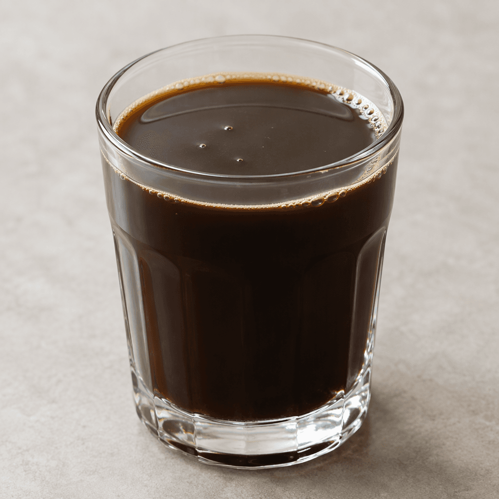 A clear glass filled with dark brown, nearly opaque chicory coffee, its smooth surface showing a few tiny bubbles and no milk, cream, or sweetener.
