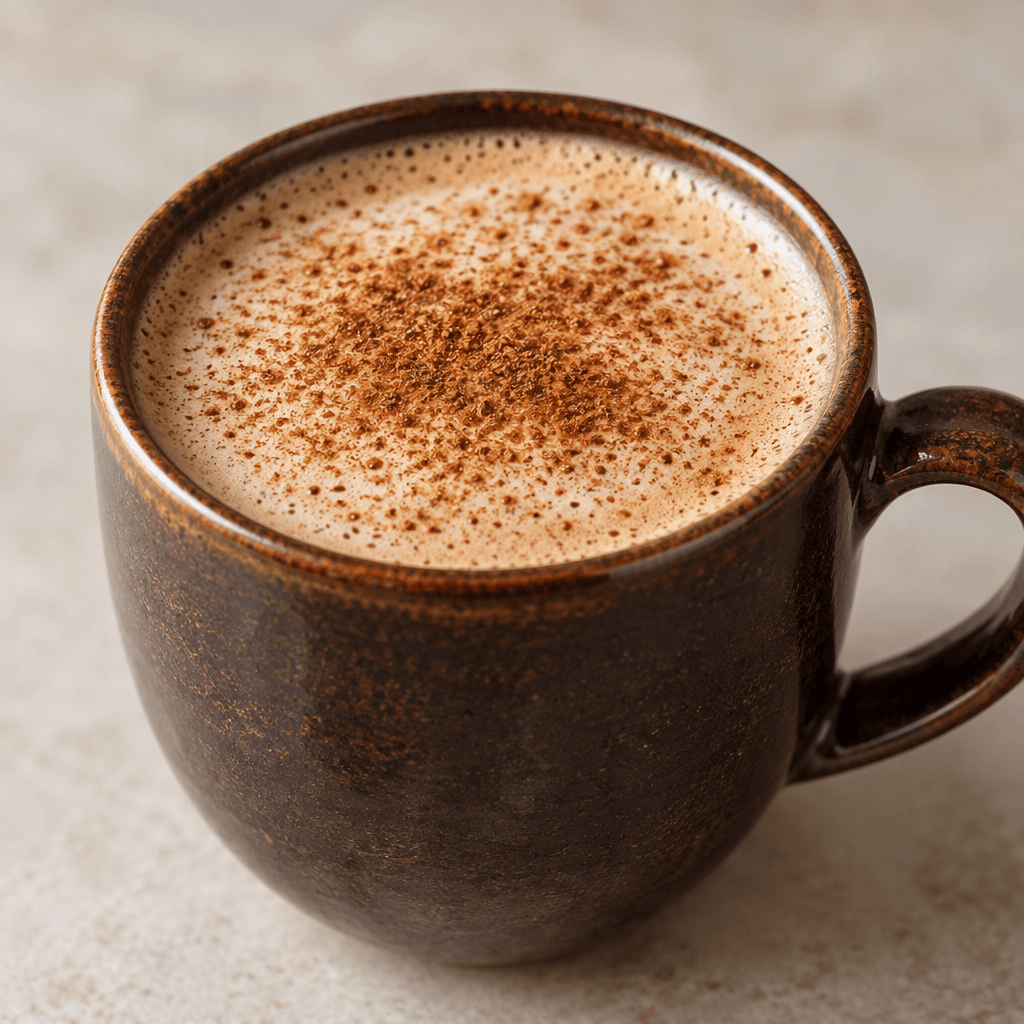 A dark brown cup of chicory coffee with a light layer of foam and a dusting of cinnamon across the surface.