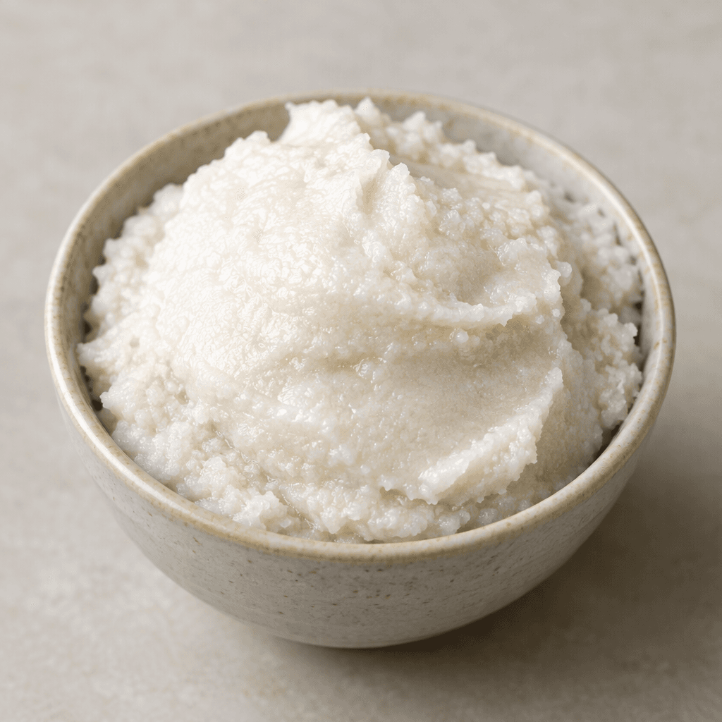 A thick, smooth off-white coconut paste sits in a small bowl, forming a soft mound with a slightly glossy surface and faintly grainy edges.