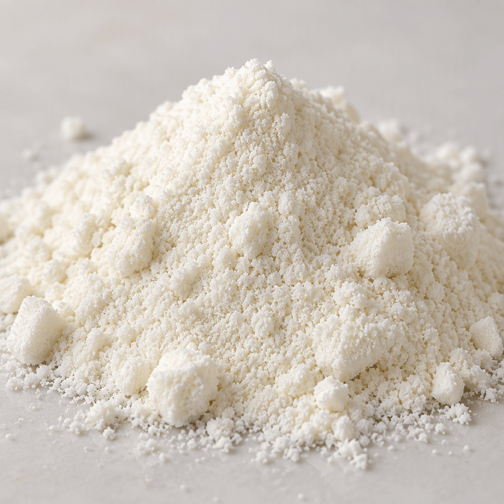 A small mound of fine, off-white coconut milk powder with a few soft clumps sits on a clean surface.