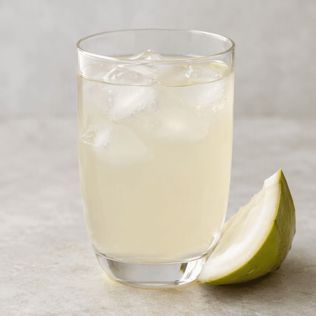 A clear, pale straw-coloured liquid with a slightly cloudy appearance, served in a transparent glass with a few small ice cubes and a thin wedge of green coconut visible beside it.