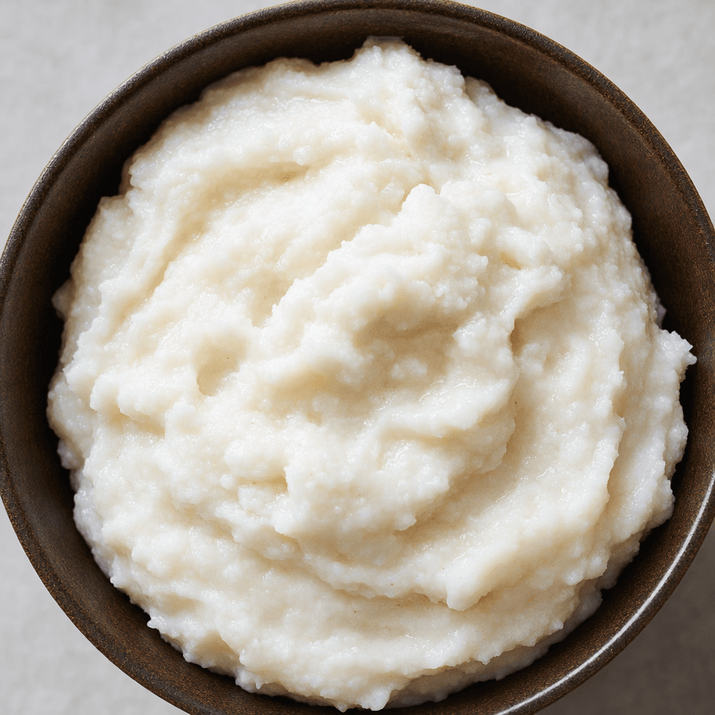 A thick, creamy ivory-white coconut paste sits in a soft mound, with a fine, slightly grainy texture and a faint sheen.