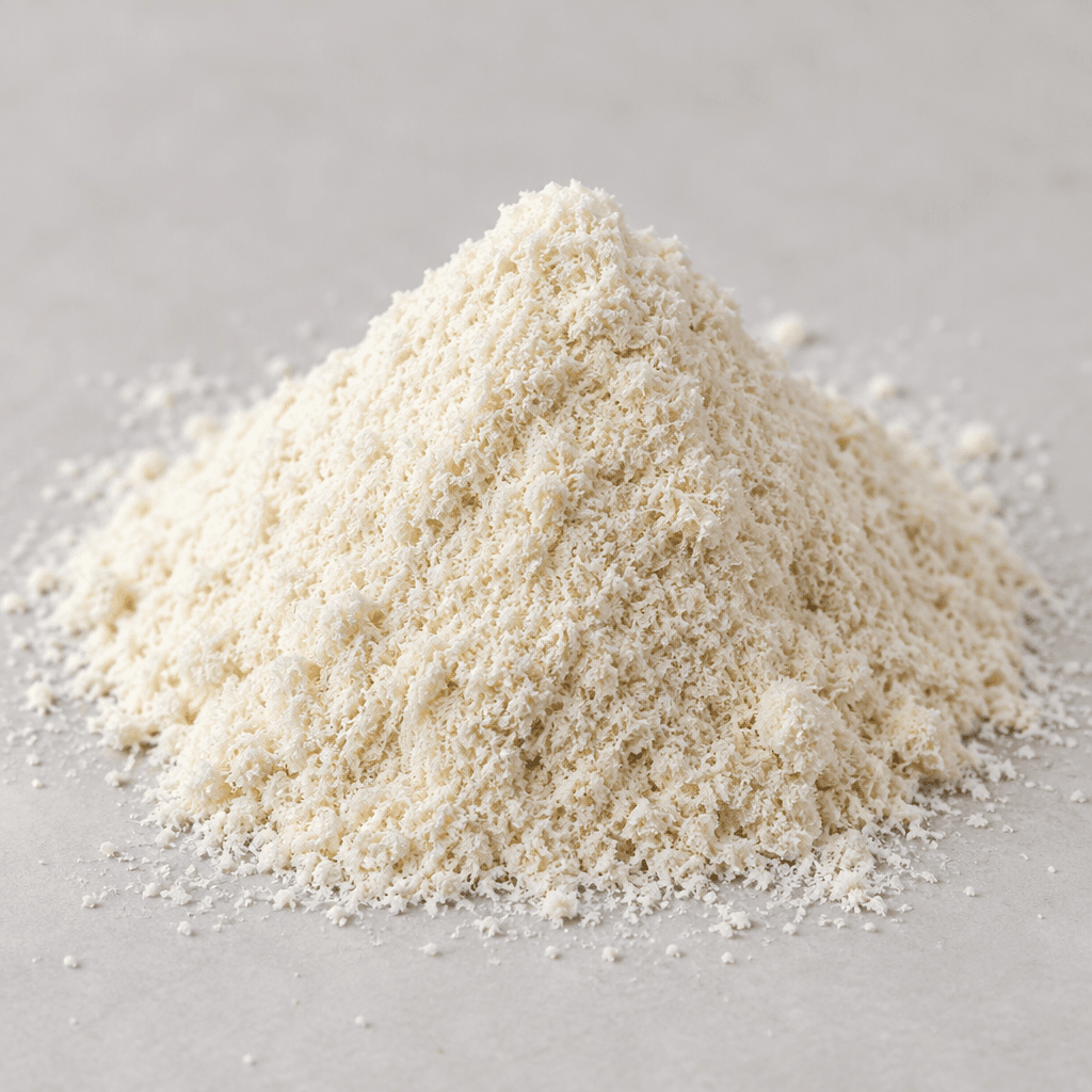 A small mound of very fine, dry coconut flour, pale cream to ivory in colour with a soft, slightly fibrous powdery texture and a few loose grains scattered around it.