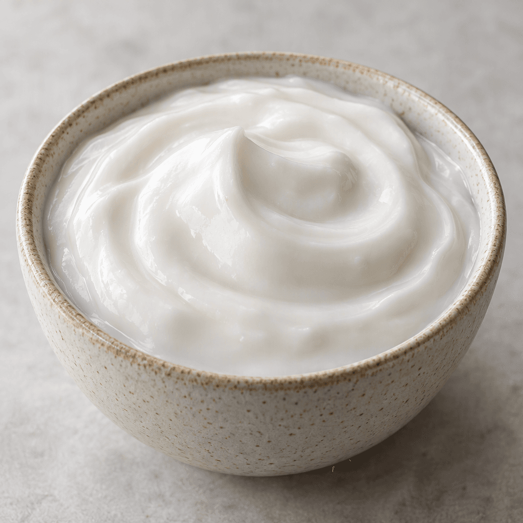 Thick, smooth, glossy white coconut yogurt sits in a small bowl, with a soft creamy surface and no visible toppings.