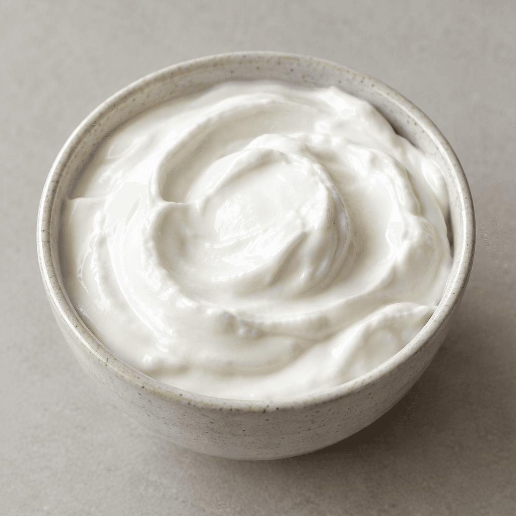 A smooth, thick, glossy white yogurt with a soft spoonable texture, served in a small bowl with gently uneven swirls on the surface.