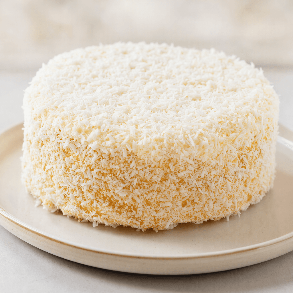 A small, round cake is covered in fine white coconut flakes, with a soft pale-golden crumb visible along its sides, served on a plate.