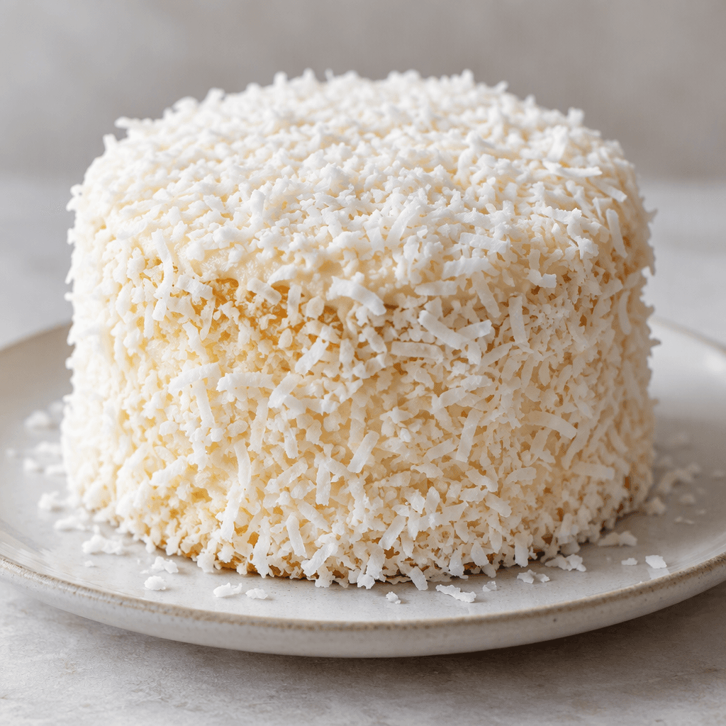 A small individual cake with a pale golden crumb and a thick coating of fine white coconut flakes, served on a plate.