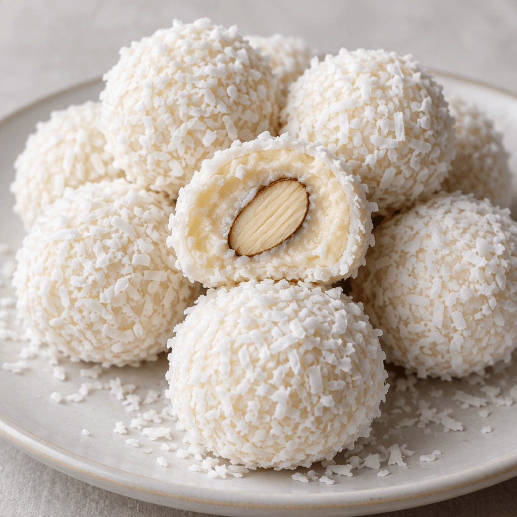 Small round white confections are coated in fine coconut flakes, with one cut open to show its pale creamy centre and whole almond.