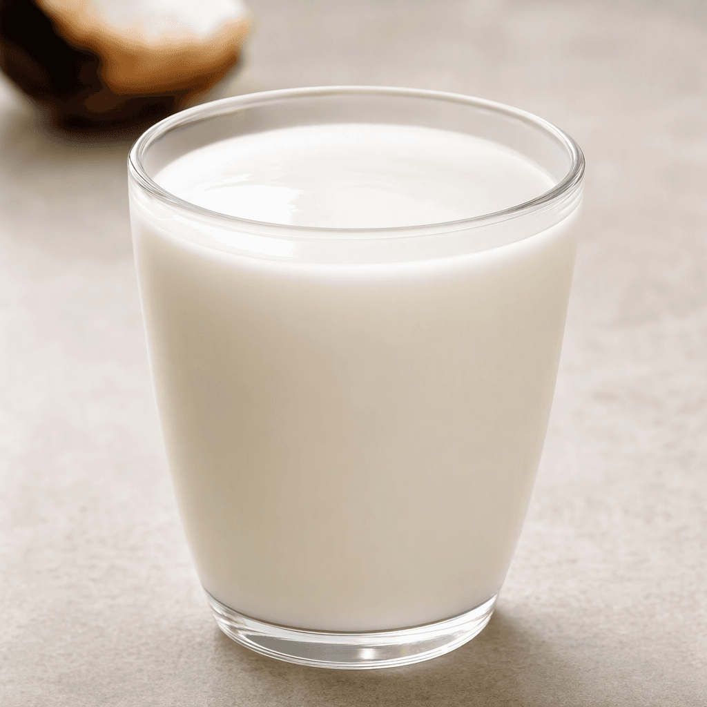 A smooth, opaque off-white coconut beverage sits in a clear glass, with a lightly glossy surface and no visible garnish.