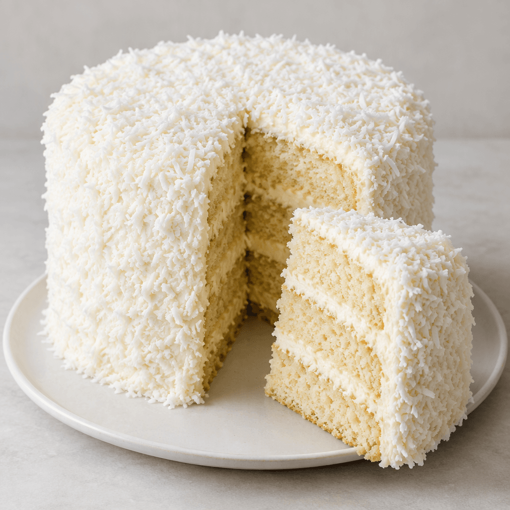 A round, tall layered cake covered in smooth white frosting and generously coated with fine white coconut flakes, with pale cream-colored cake layers visible where it is sliced and served on a plain plate.