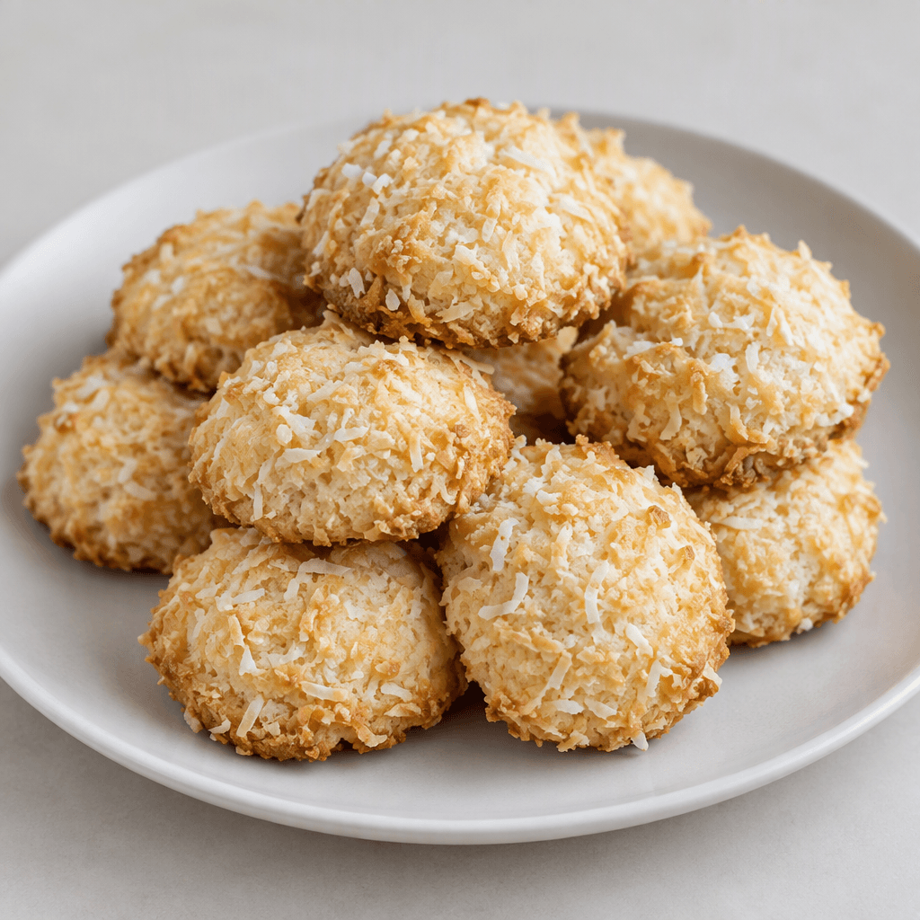 Small, round coconut cookies with slightly uneven edges, a pale golden surface covered in visible white coconut shreds, and a firm, lightly crumbly texture, arranged on a plain plate.