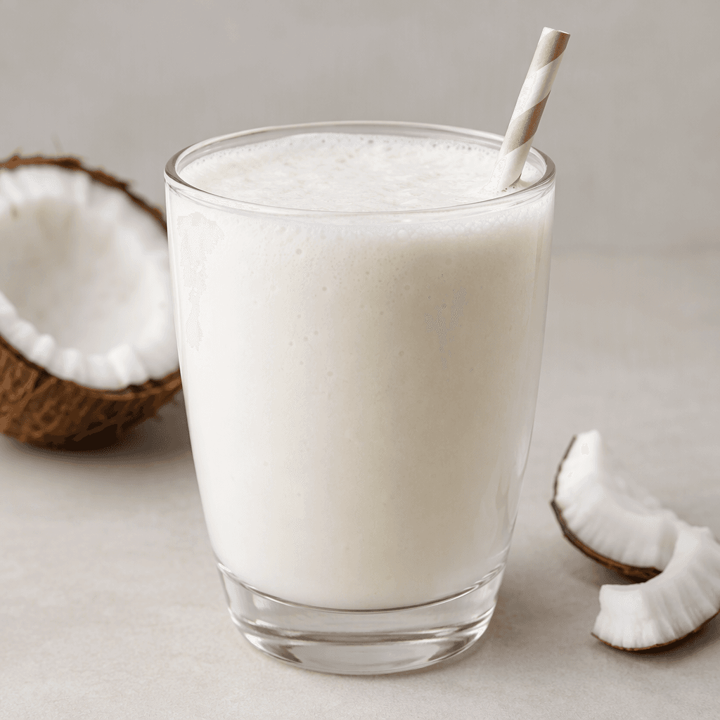 An opaque, creamy-white coconut drink with a smooth, slightly foamy surface, served in a clear glass.