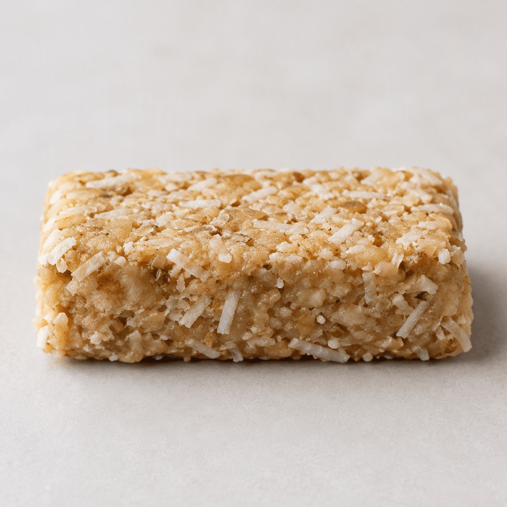 A compact rectangular protein bar with a pale beige, slightly uneven surface, visible shredded coconut flakes, and a dense, chewy-looking texture, resting on a plain surface.