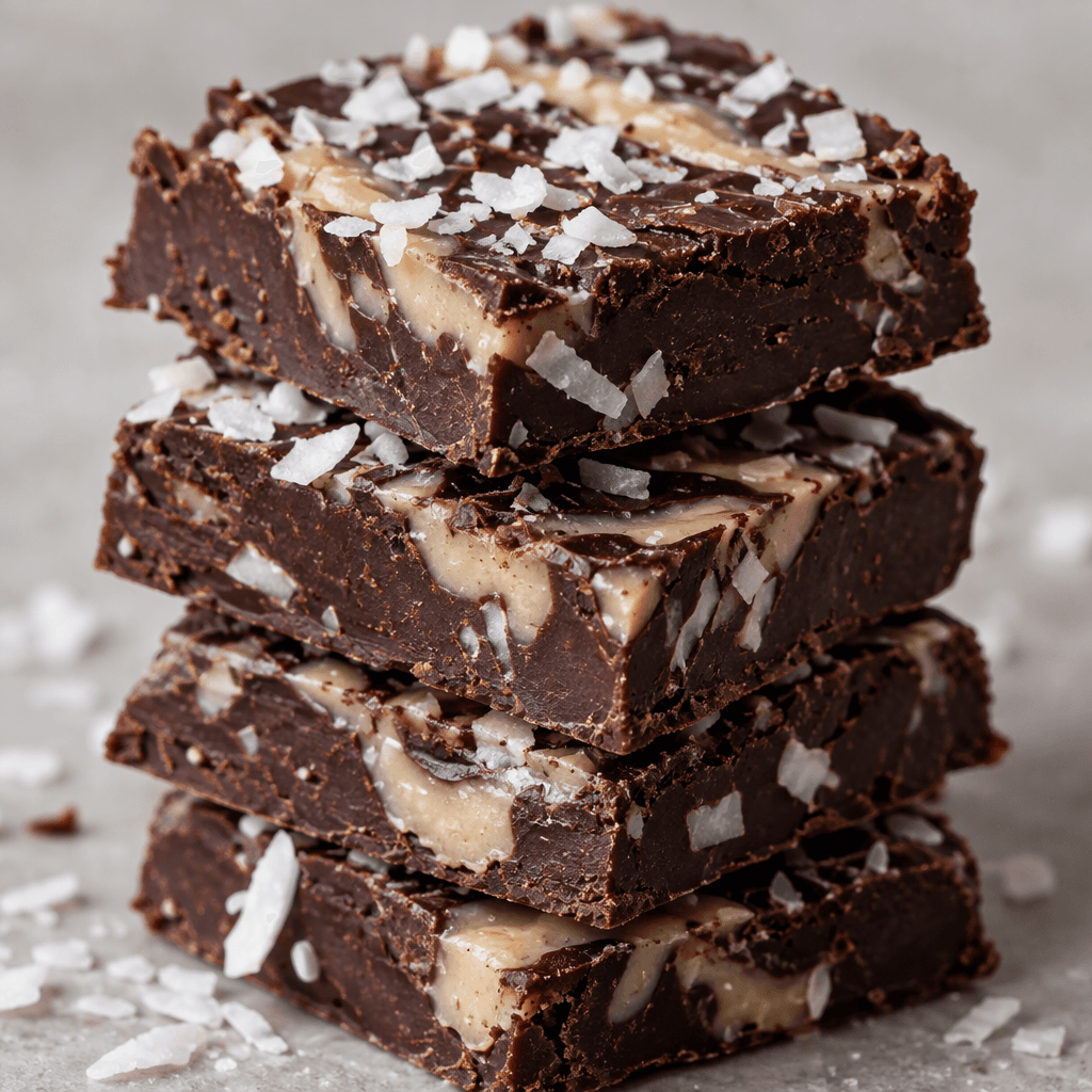Dark cocoa-brown chocolate pieces with a matte, slightly uneven surface, streaks of pale tahini and scattered white coconut flakes.