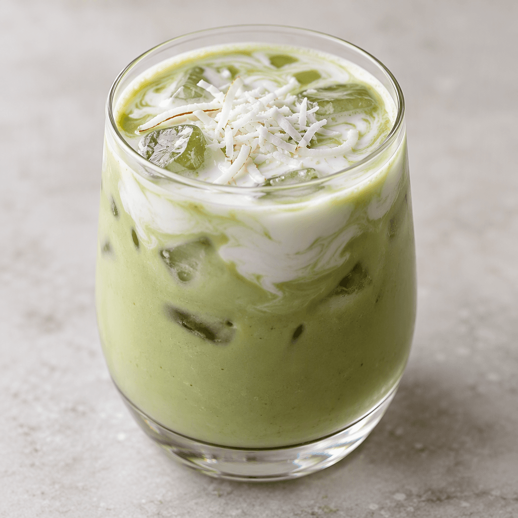 A pale green, slightly cloudy tea is served in a clear glass, with a creamy white swirl and a few fine coconut shreds visible on top.
