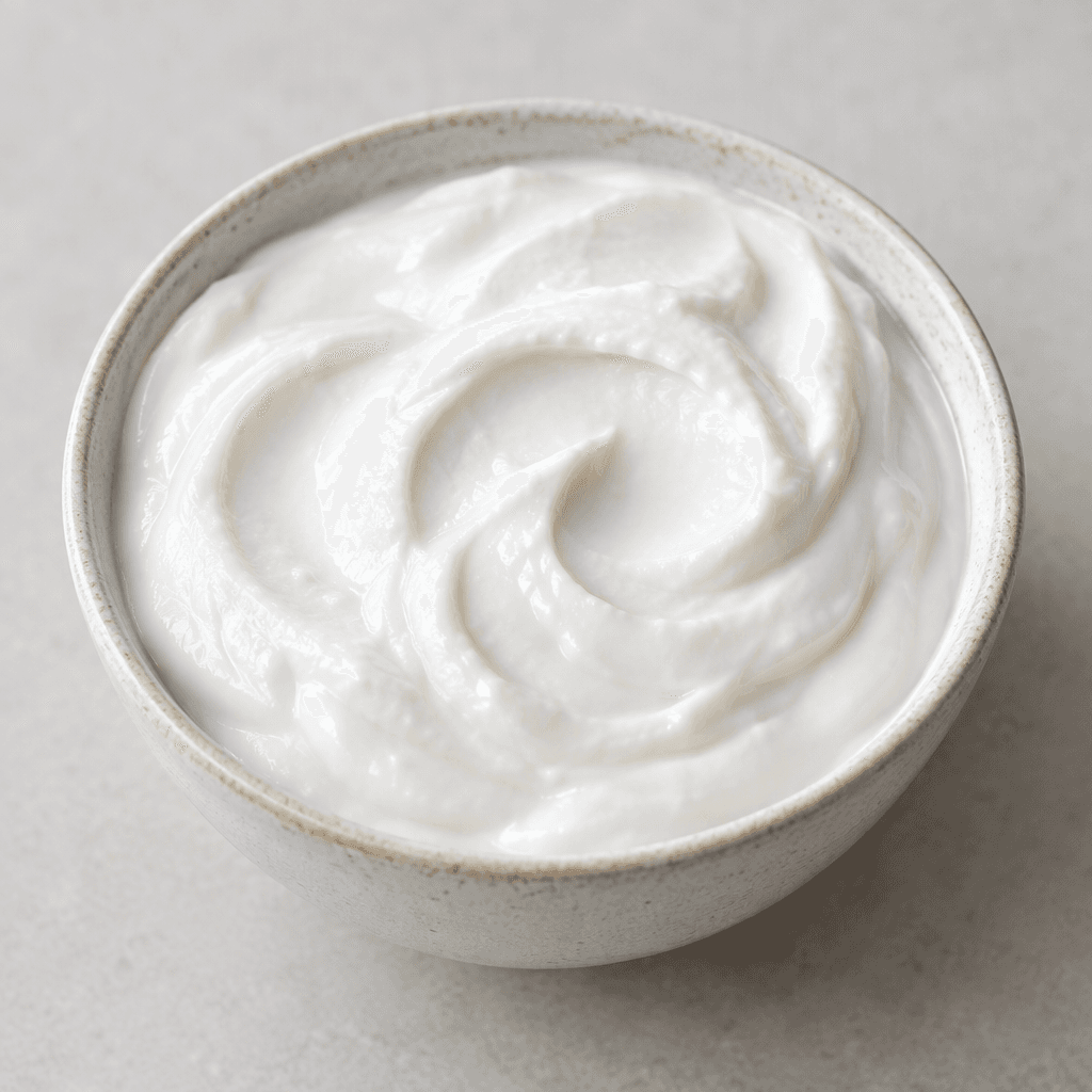 Thick, smooth, glossy white coconut yogurt sits in a small bowl, with soft spoon-made swirls across its creamy surface.