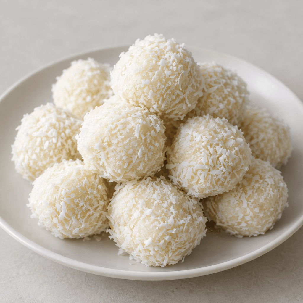 Small, round, white sweets coated in fine shredded coconut, with a soft, slightly uneven texture, arranged on a plate.