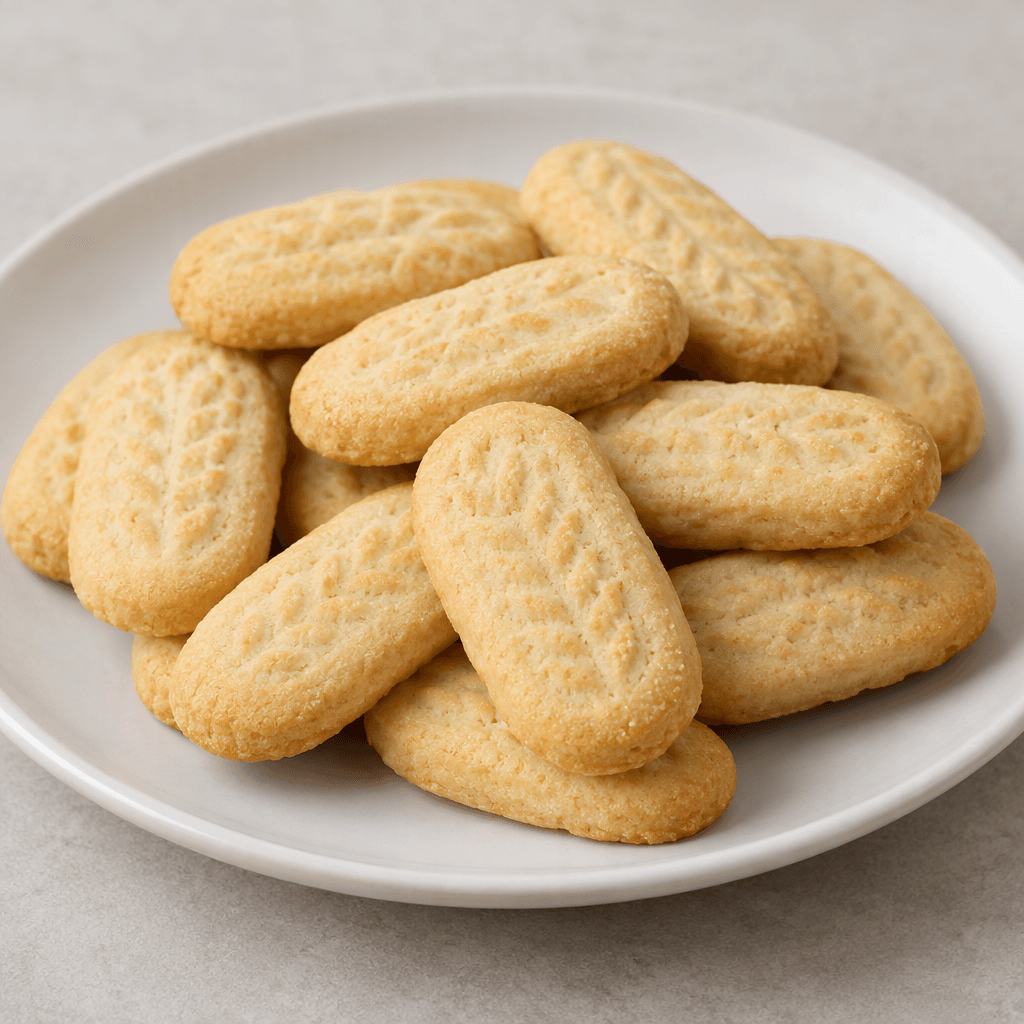 Small, pale golden oblong biscuits with gently rounded edges and a lightly embossed surface are arranged on a plain plate.