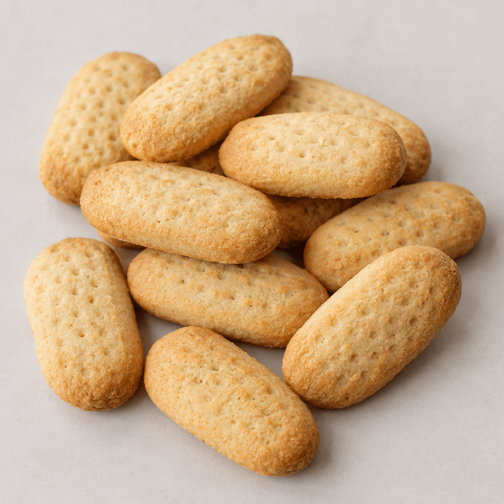 Small, pale golden biscuits are arranged loosely, each with an elongated oval shape, rounded ends, and a lightly dimpled surface with slightly darker edges.