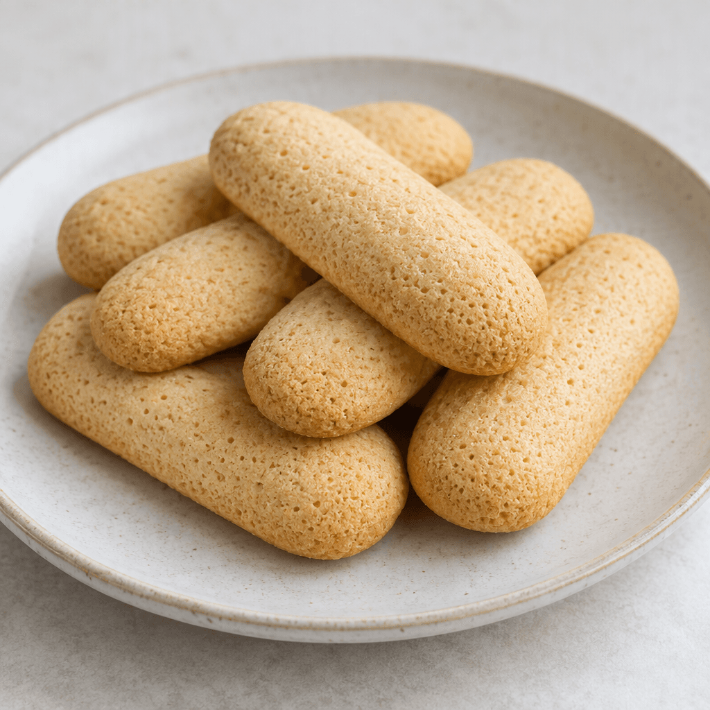 Several small, pale golden, oblong biscuits with softly rounded ends and a dry, finely porous surface are arranged on a plate.