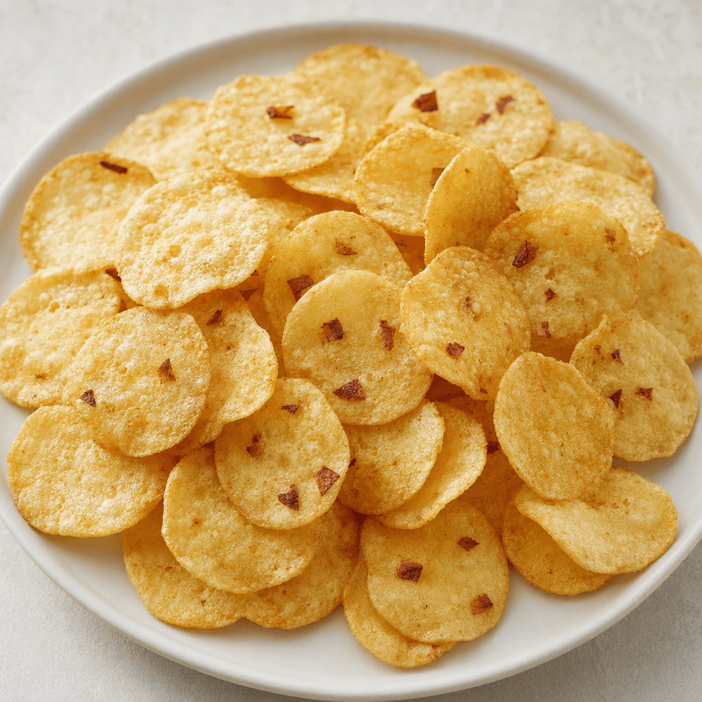 Small, round, thin, pale golden wafers with a dry, airy, bubbled surface and a few tiny darker apple flecks, arranged on a plain plate.
