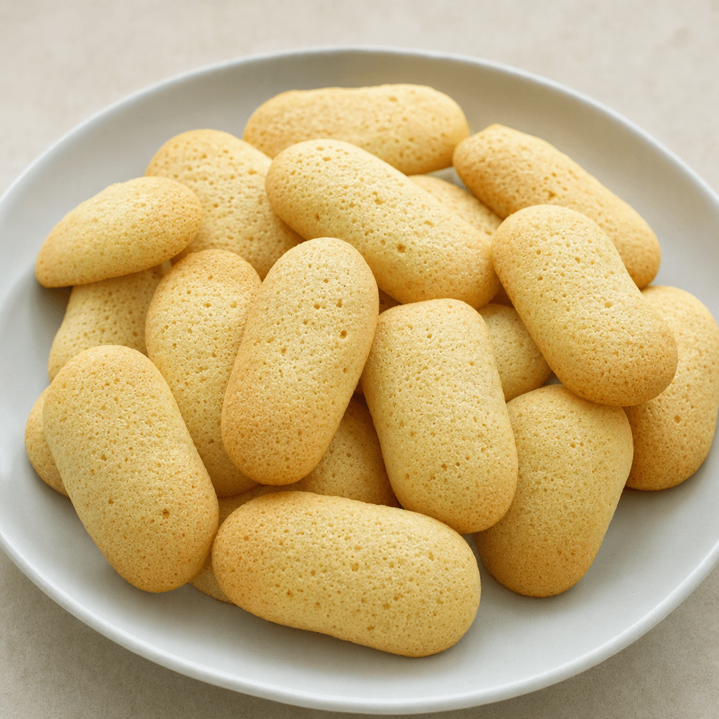 Small, pale golden-beige biscuits with a lightly porous surface and softly rounded, oblong shapes are arranged on a plain plate.