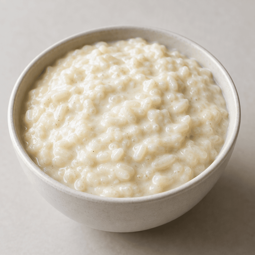 A thick, creamy off-white rice pudding with small soft rice grains visible throughout, served in a simple bowl.