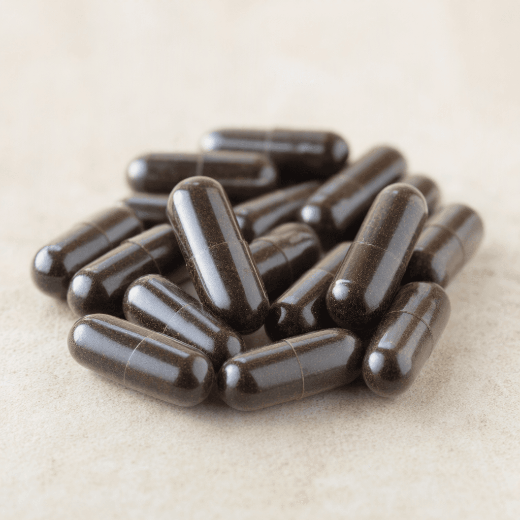 Small, smooth, dark capsules arranged in a neat group.