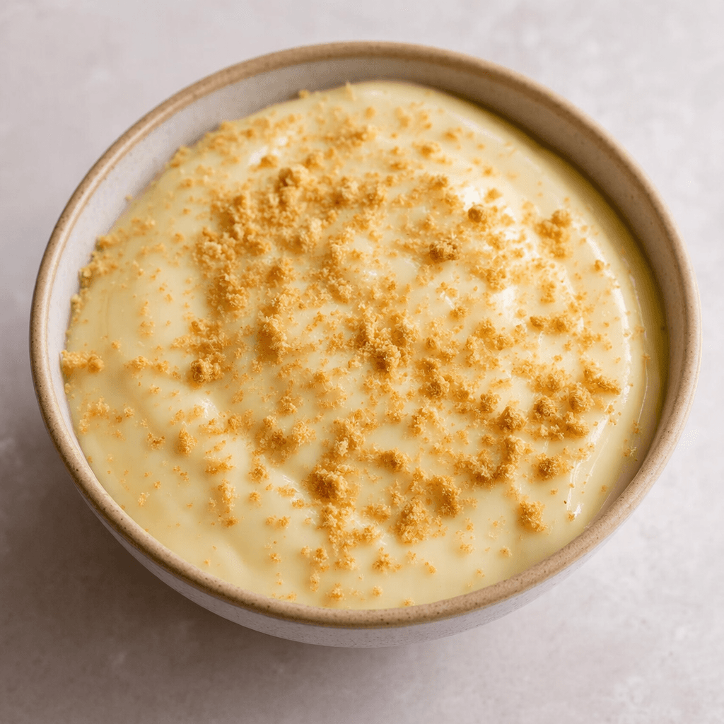 A smooth, thick, pale beige pudding sits in a small bowl, with fine golden biscuit crumbs scattered over its surface.