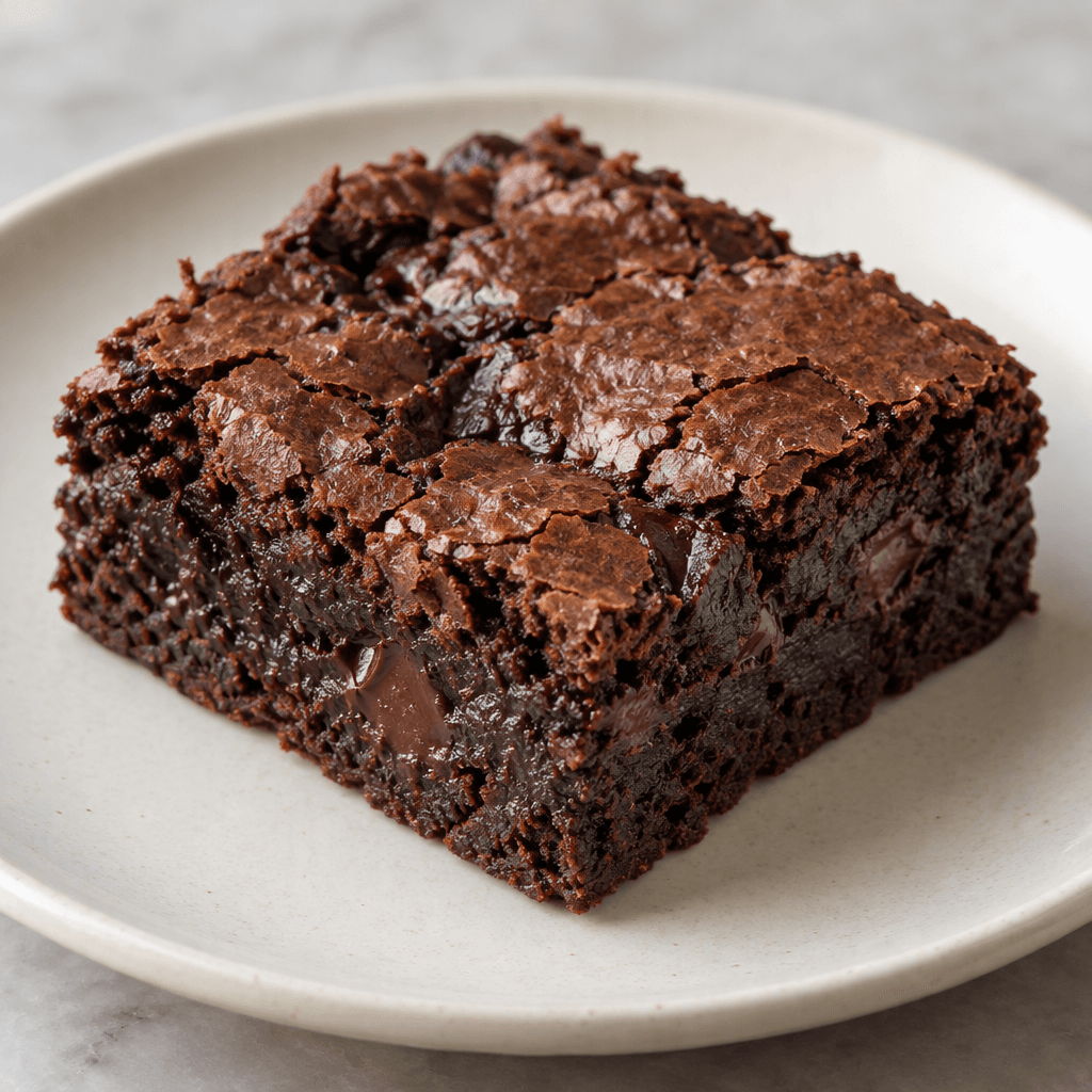 A dark brown, thick square brownie with a dense, slightly uneven surface and a few visible cracks, served on a plain plate.