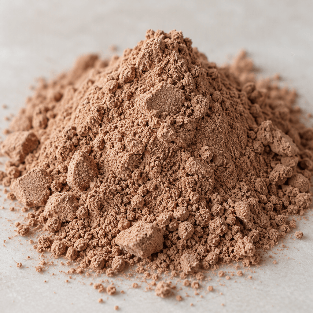 Fine, light-brown chocolate protein powder sits in a small mound, with a dry, soft, slightly clumped texture.