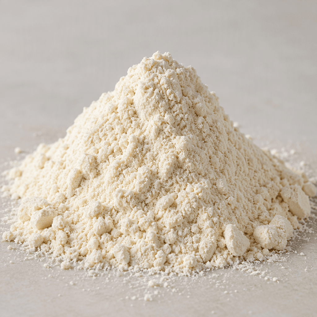 A mound of fine, lightly off-white protein powder with a dry, loose texture.