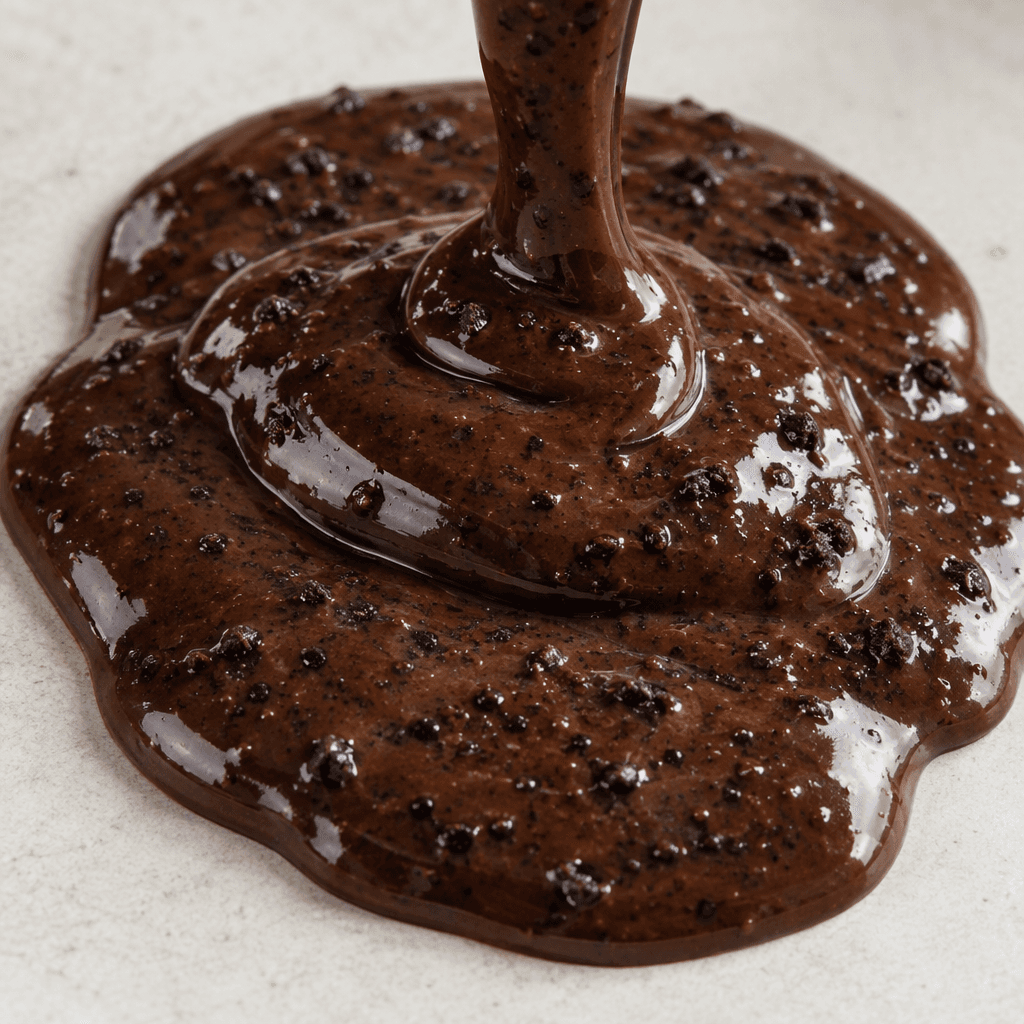 A thick, glossy dark-brown sauce with fine black cookie-like flecks, pooled and lightly drizzled across a plain surface.