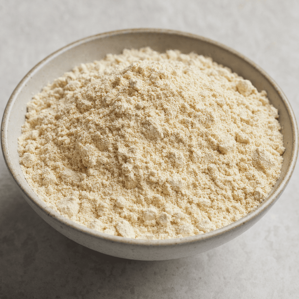 A mound of fine, pale beige powder with a soft, slightly clumpy texture, served in a small bowl.