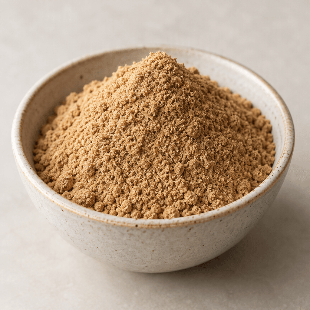 A mound of fine, light-brown powder with a slightly grainy texture sits in a bowl.