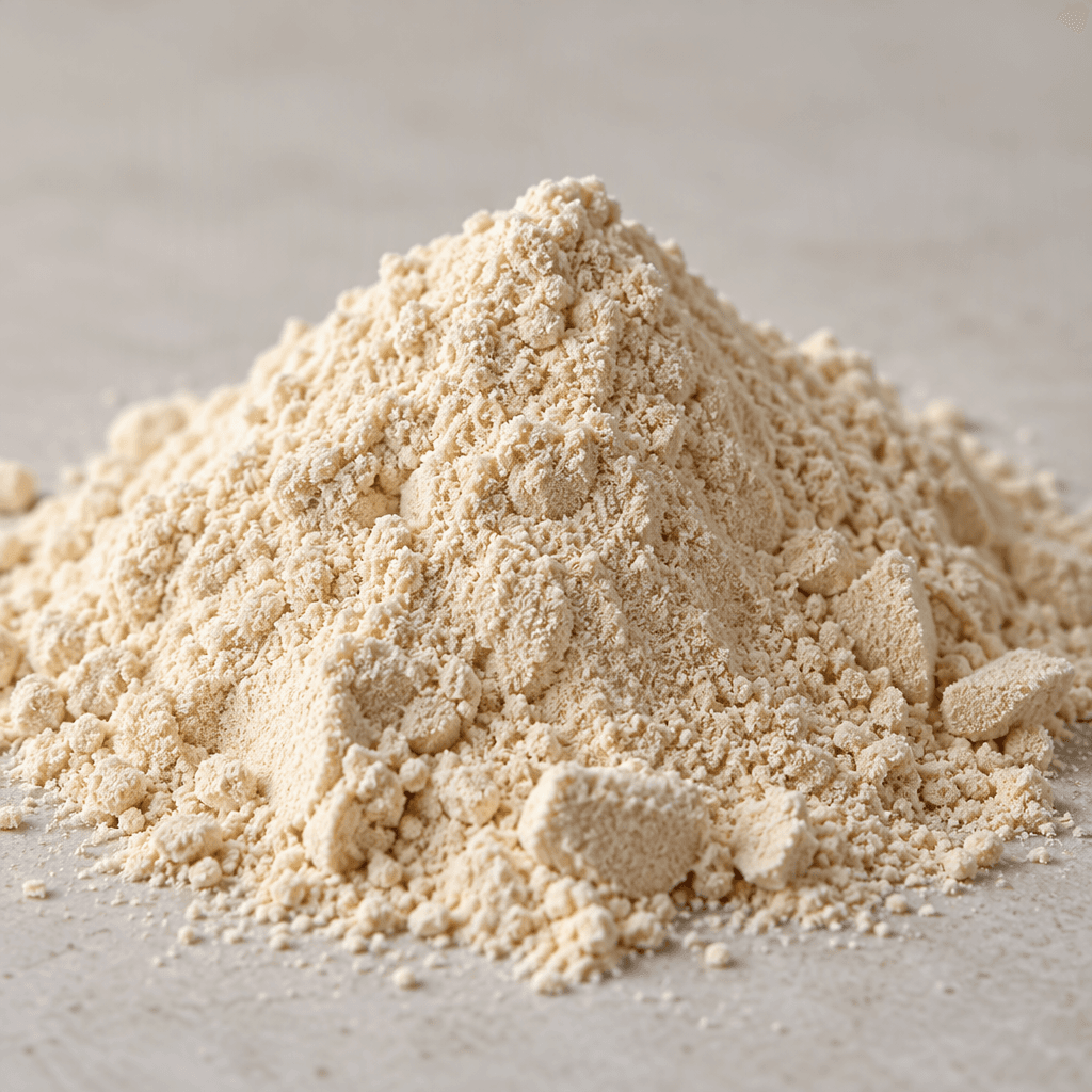 Yumuşak, kuru ve hafif taneli dokusuyla açık bej renkli ince protein tozu küçük bir yığın hâlinde duruyor.