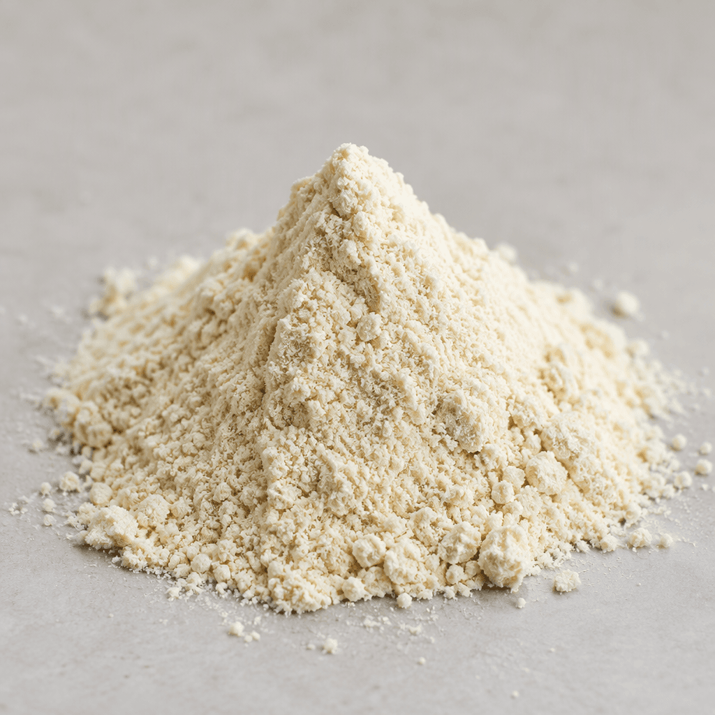 A small mound of fine, pale cream-colored protein powder with a soft, slightly granular texture.