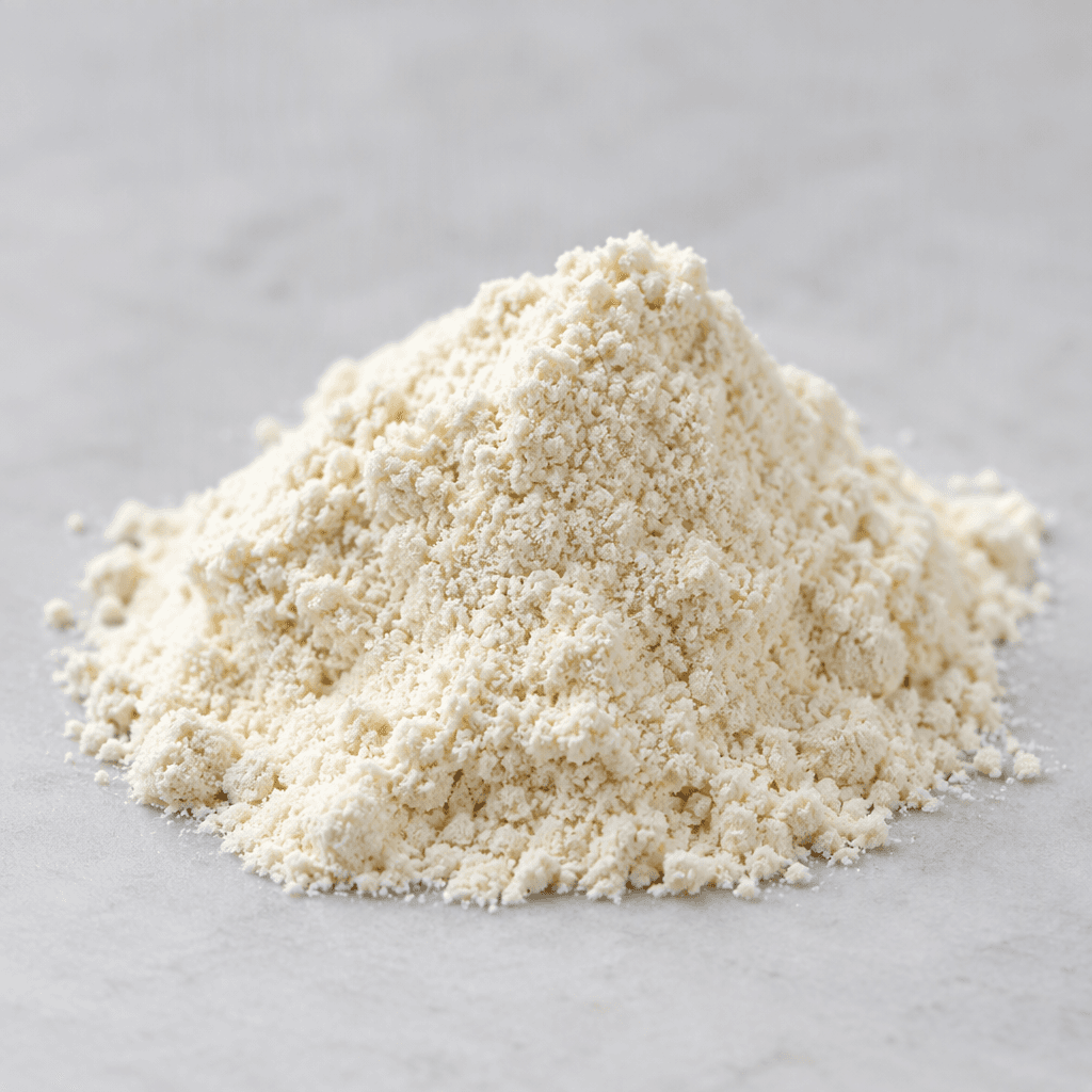 A small mound of fine, pale cream-colored protein powder sits loosely piled on a clean surface, with a soft, slightly grainy texture.